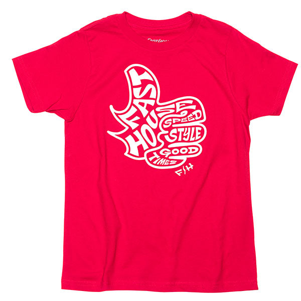 Crisp studio image on a white background of Fasthouse Satisfaction Tee (Youth); showing tee fit, printed graphics, and crew neckline; SKU 3211310554