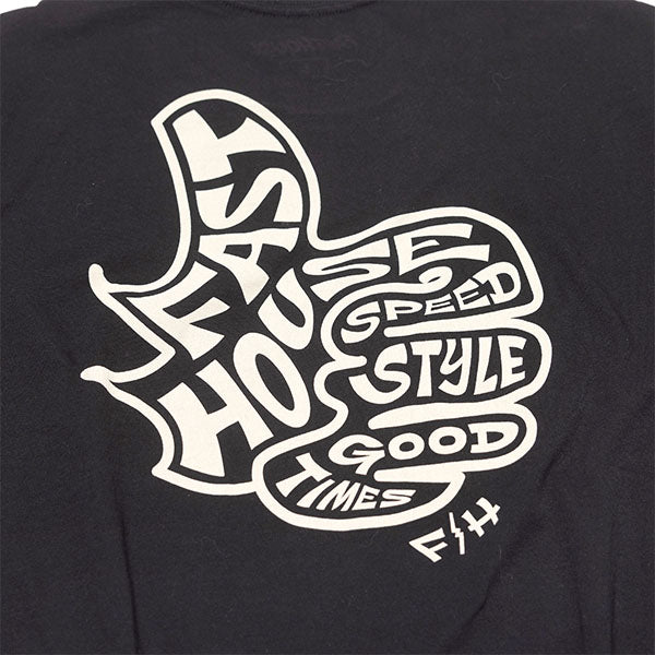 Professional studio photo of Fasthouse Satisfaction Tee; showing tee fit, printed graphics, and crew neckline; SKU 3211310104; Sizes: S-3XL