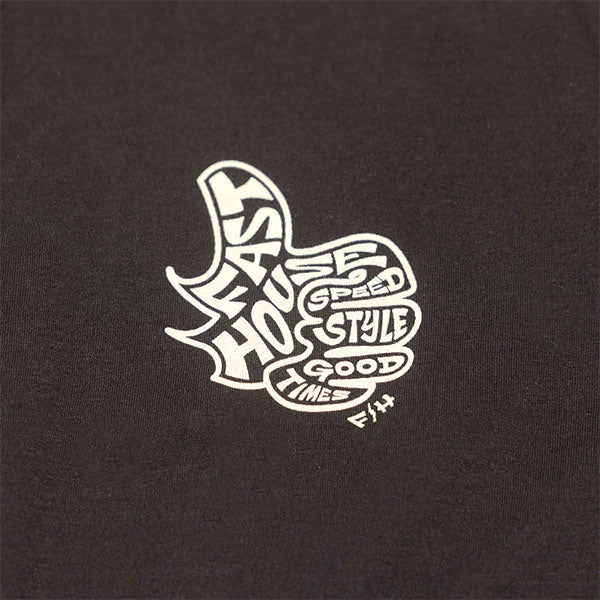 Crisp studio image on a white background of Fasthouse Satisfaction Tee; showing tee fit, printed graphics, and crew neckline; SKU 3211310104
