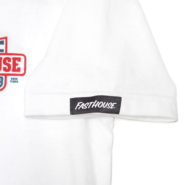 Studio photo on a white background of Fasthouse Krest Tee (Youth); showing tee fit, printed graphics, and crew neckline; SKU 32112909; Colors: White