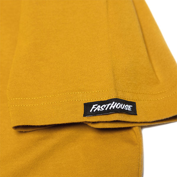 Clean studio shot of Fasthouse Krest Tee; showing tee fit, printed graphics, and crew neckline; SKU 3211290304; Colors: Vintage Gold, Black, White