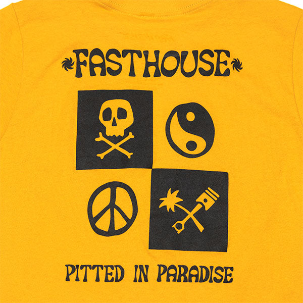 Crisp studio image on a white background of Fasthouse Gold Mine Tee (Youth); showing tee fit, printed graphics, and crew neckline; SKU 32113903