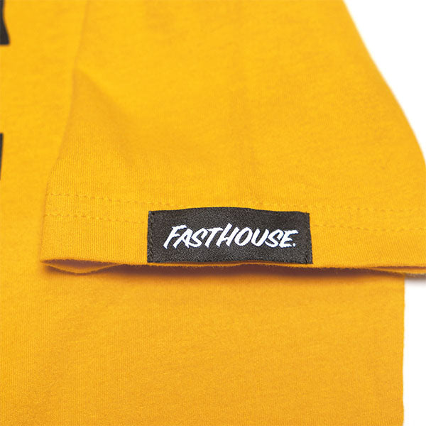 High-resolution studio image of Fasthouse Gold Mine Tee (Youth); showing tee fit, printed graphics, and crew neckline; SKU 32113903; Colors: Vintage Gold