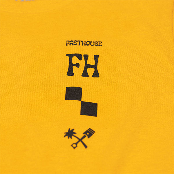 Professional studio photo of Fasthouse Gold Mine Tee; showing tee fit, printed graphics, and crew neckline; SKU 3211390504; Colors: Black, Vintage Gold