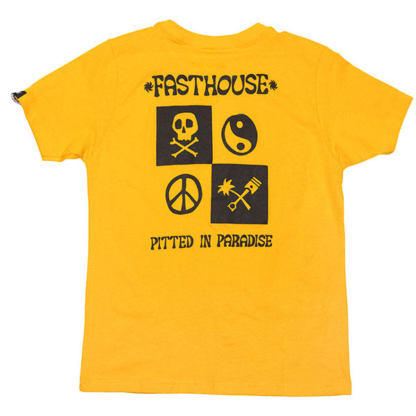 Professional studio photo of Fasthouse Gold Mine Tee (Youth); showing tee fit, printed graphics, and crew neckline; SKU 32113903; Colors: Vintage Gold
