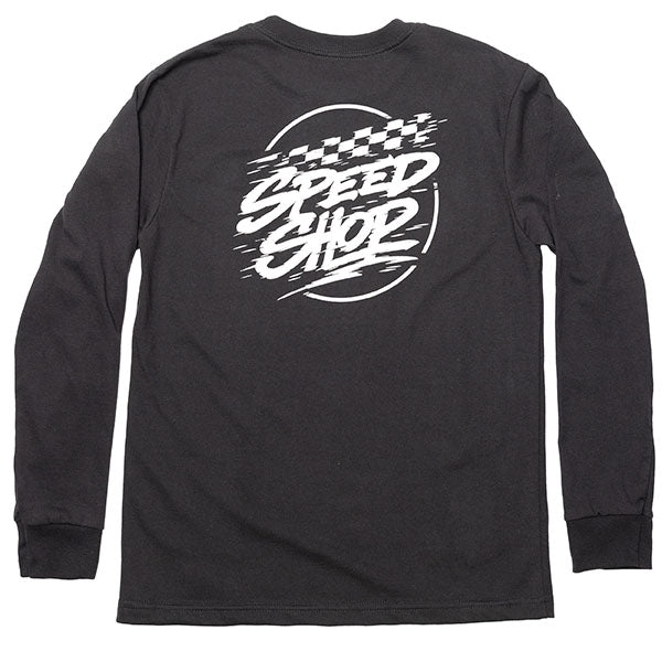 Crisp studio image on a white background of Fasthouse Burner Long Sleeve Tee (Youth); showing long-sleeve cut, printed graphics, and crew neckline