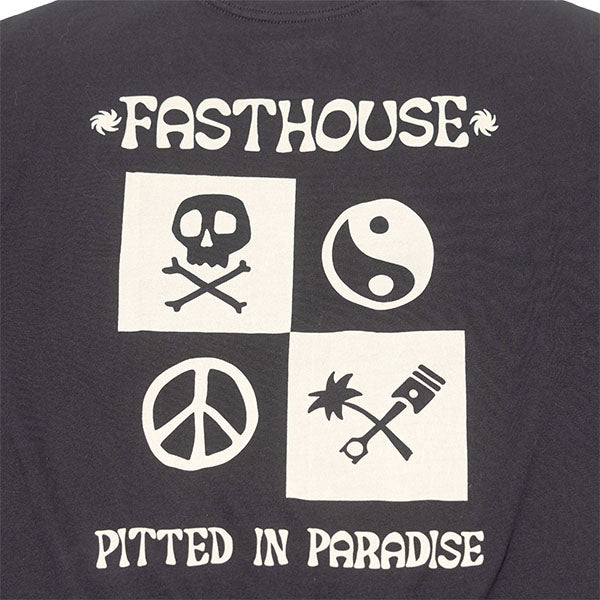 Clean studio shot of Fasthouse Gold Mine Tee; showing tee fit, printed graphics, and crew neckline; SKU 3211390504; Colors: Black, Vintage Gold