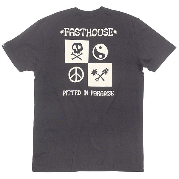Studio photo on a white background of Fasthouse Gold Mine Tee; showing tee fit, printed graphics, and crew neckline; SKU 3211390504; Sizes: S-3XL