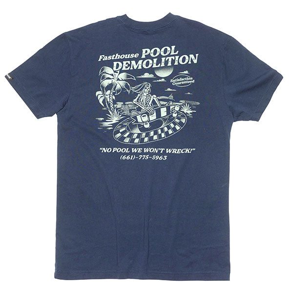 Clean studio shot of Fasthouse Demolition Tee; showing tee fit, printed graphics, and crew neckline; SKU 3211380504; Colors: Black, Navy, Natural