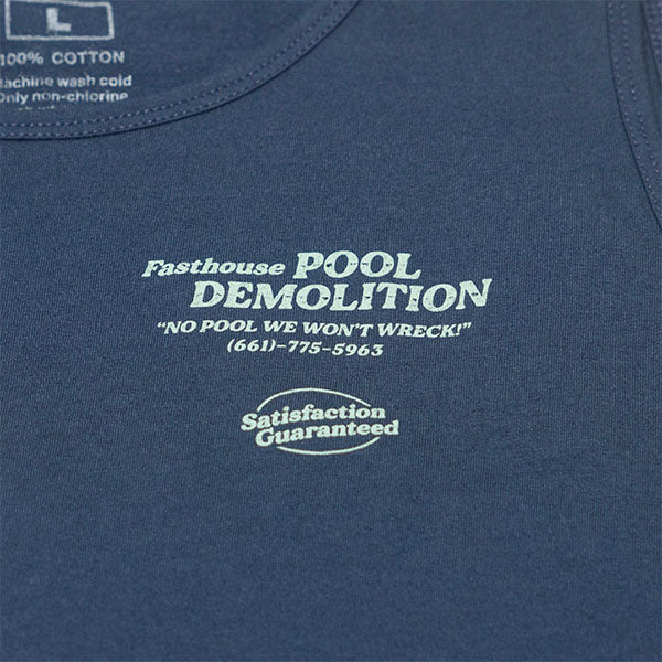 Clean studio shot of Fasthouse Demolition Tank; showing sleeveless cut, hem shape, and printed or woven branding; SKU 3212382004; Colors: Navy