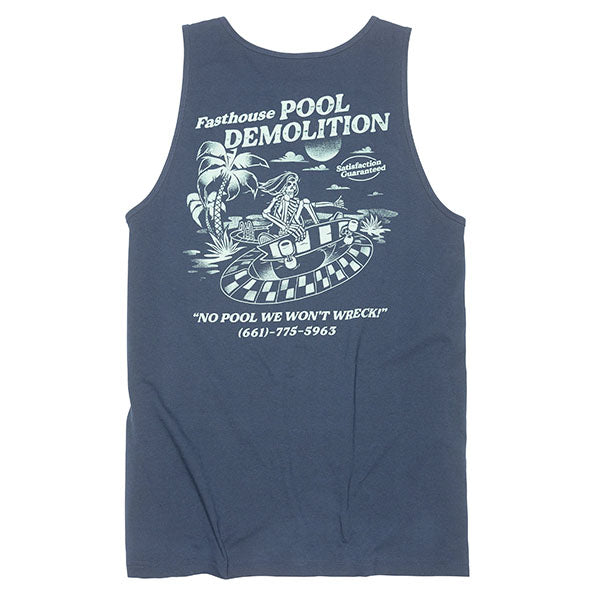 High-resolution studio image of Fasthouse Demolition Tank; showing sleeveless cut, hem shape, and printed or woven branding; SKU 3212382004; Colors: Navy
