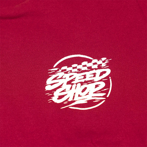 Clean studio shot of Fasthouse Burner Tee; showing tee fit, printed graphics, and crew neckline; SKU 3211350104; Colors: Cardinal, Smoked Paprika, Black