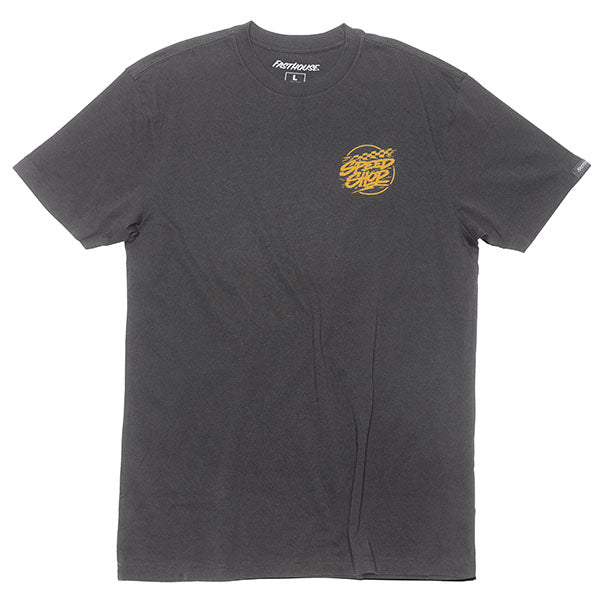 Professional studio photo of Fasthouse Burner Tee; showing tee fit, printed graphics, and crew neckline; SKU 3211350104; Sizes: S-3XL