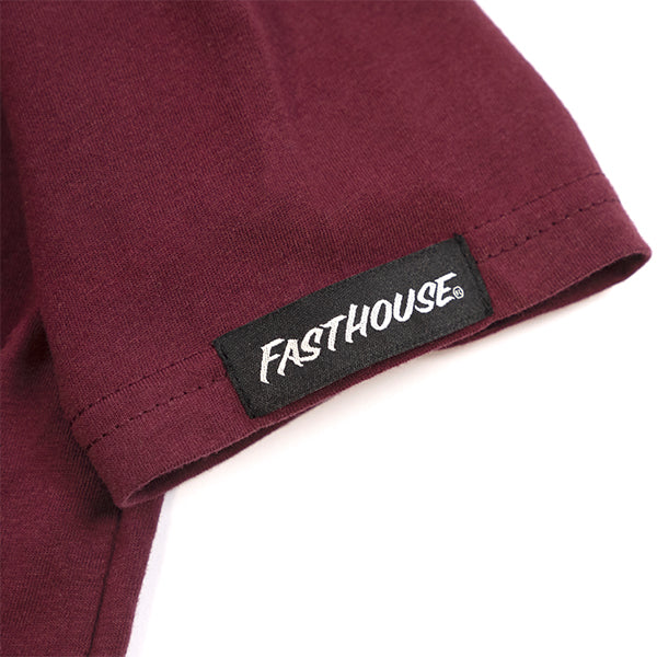 Crisp studio image on a white background of Fasthouse Logo Tee Maroon (Youth); showing tee fit, printed graphics, and crew neckline; SKU 32164740
