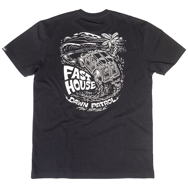 Professional studio photo of Fasthouse Explorer Tee; showing tee fit, printed graphics, and crew neckline; SKU 3211480204; Colors: Navy, Black