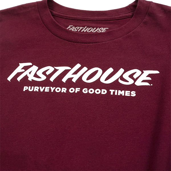 Clean studio shot of Fasthouse Logo Tee Maroon (Youth); showing tee fit, printed graphics, and crew neckline; SKU 32164740; Colors: Maroon
