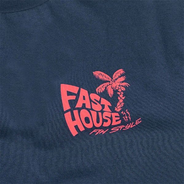 Studio photo on a white background of Fasthouse Explorer Tee; showing tee fit, printed graphics, and crew neckline; SKU 3211480204; Colors: Navy, Black
