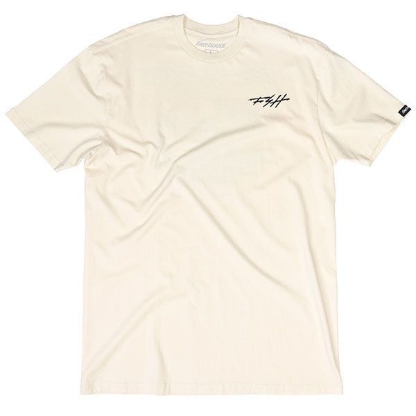 Clean studio shot of Fasthouse Hideout Tee; showing tee fit, printed graphics, and crew neckline; SKU 3211650504; Colors: Black, Natural; Sizes: S-3XL