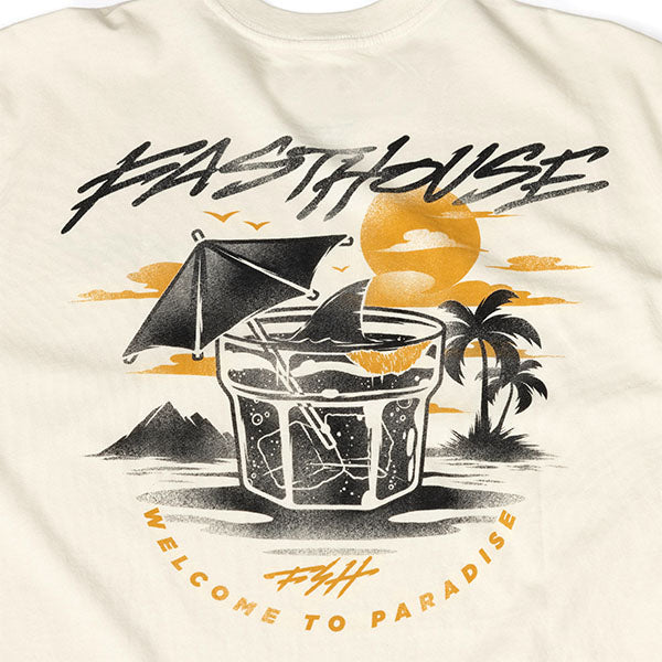 Professional studio photo of Fasthouse Hideout Tee; showing tee fit, printed graphics, and crew neckline; SKU 3211650504; Colors: Black, Natural