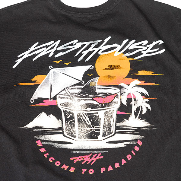 Crisp studio image on a white background of Fasthouse Hideout Tee; showing tee fit, printed graphics, and crew neckline; SKU 3211650504; Sizes: S-3XL