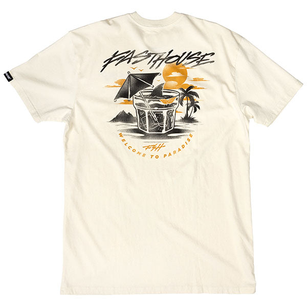 Studio photo on a white background of Fasthouse Hideout Tee; showing tee fit, printed graphics, and crew neckline; SKU 3211650504; Colors: Black, Natural