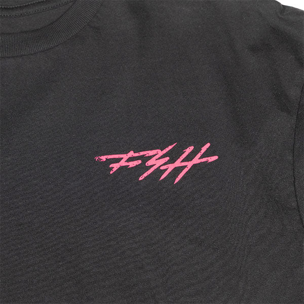 High-resolution studio image of Fasthouse Hideout Tee; showing tee fit, printed graphics, and crew neckline; SKU 3211650504; Colors: Black, Natural