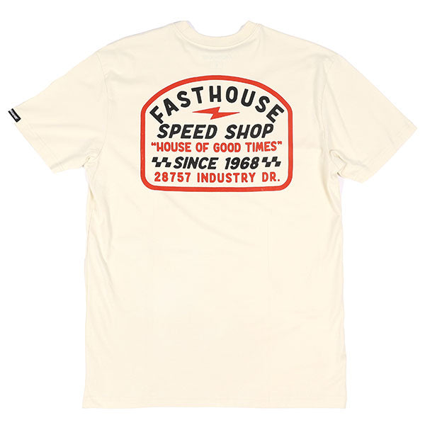 Clean studio shot of Fasthouse Junction Tee; showing tee fit, printed graphics, and crew neckline; SKU 3211680204; Colors: Indigo, Natural; Sizes: S-3XL