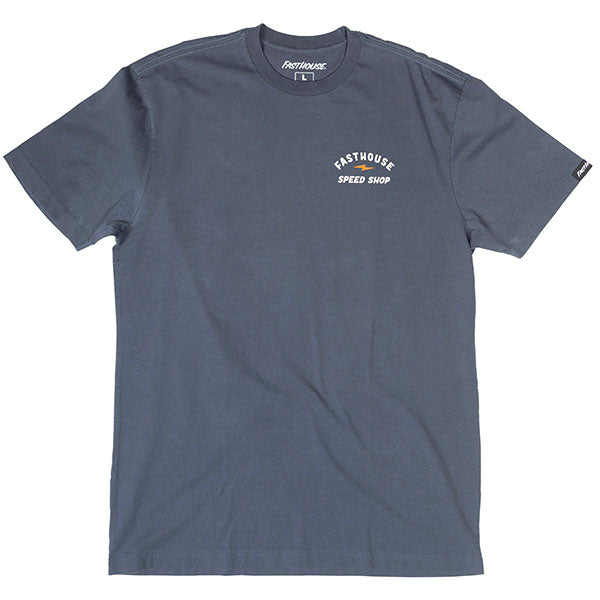 Professional studio photo of Fasthouse Junction Tee; showing tee fit, printed graphics, and crew neckline; SKU 3211680204; Colors: Indigo, Natural