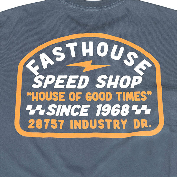 Crisp studio image on a white background of Fasthouse Junction Tee; showing tee fit, printed graphics, and crew neckline; SKU 3211680204; Sizes: S-3XL