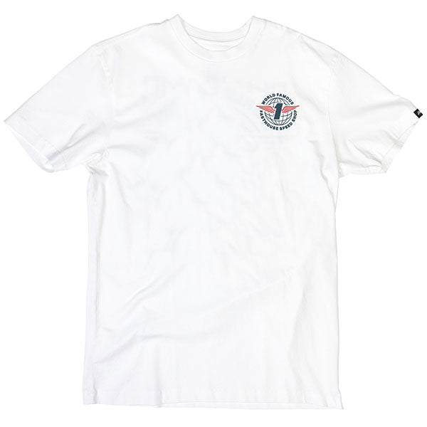 Crisp studio image on a white background of Fasthouse Renown Tee; showing tee fit, printed graphics, and crew neckline; SKU 3211690504; Sizes: S-3XL