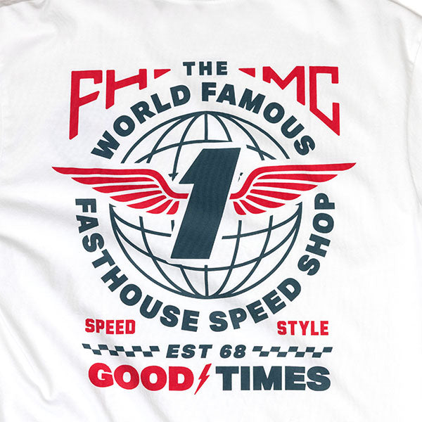 Studio photo on a white background of Fasthouse Renown Tee; showing tee fit, printed graphics, and crew neckline; SKU 3211690504; Sizes: S-3XL