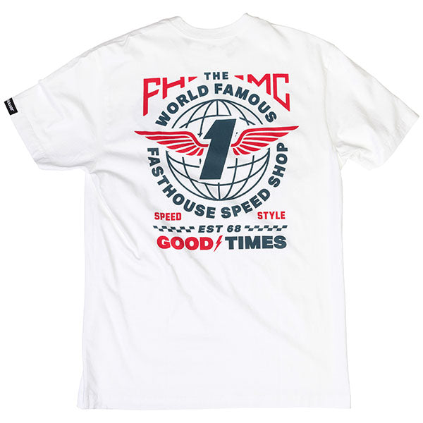 Professional studio photo of Fasthouse Renown Tee; showing tee fit, printed graphics, and crew neckline; SKU 3211690504; Colors: Black, White, Dusty Pink