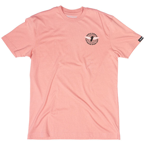 Professional studio photo of Fasthouse Renown Tee; showing tee fit, printed graphics, and crew neckline; SKU 3211690504; Colors: Black, White, Dusty Pink