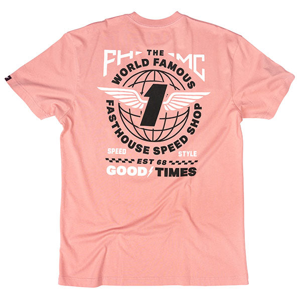 Clean studio shot of Fasthouse Renown Tee; showing tee fit, printed graphics, and crew neckline; SKU 3211690504; Colors: Black, White, Dusty Pink