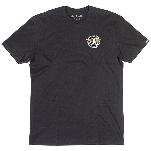 High-resolution studio image of Fasthouse Renown Tee; showing tee fit, printed graphics, and crew neckline; SKU 3211690504; Sizes: S-3XL