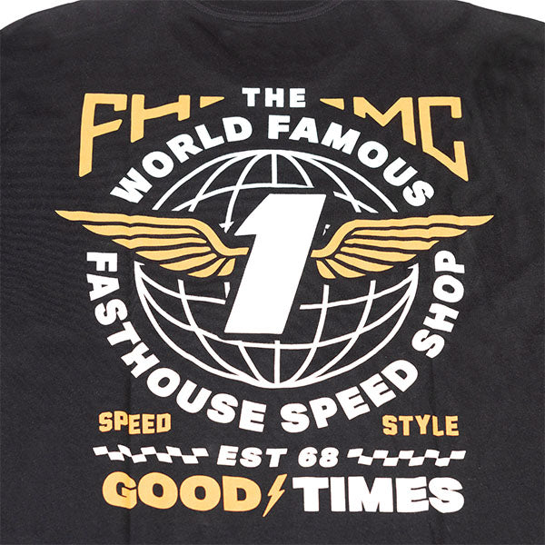 Studio photo on a white background of Fasthouse Renown Tee; showing tee fit, printed graphics, and crew neckline; SKU 3211690504; Sizes: S-3XL