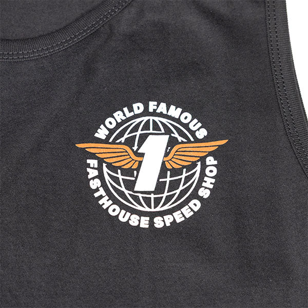 High-resolution studio image of Fasthouse Renown Tank; showing sleeveless cut, hem shape, and printed or woven branding; SKU 32116950; Colors: Black
