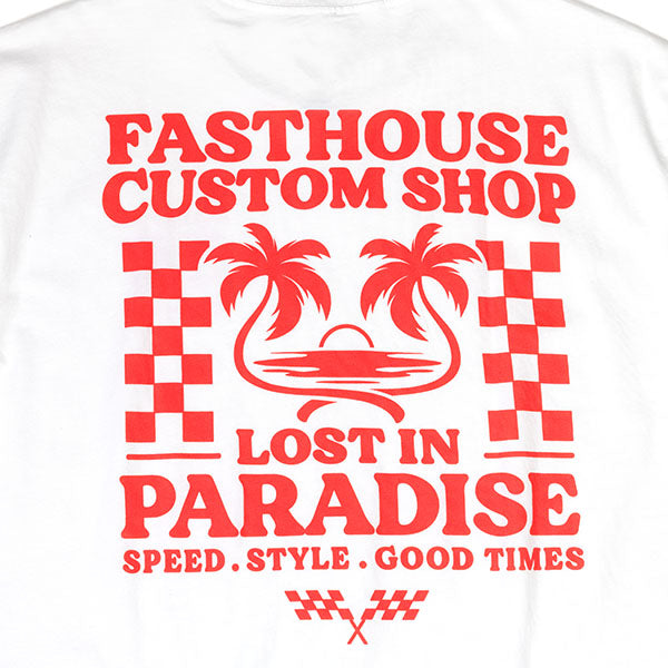 Crisp studio image on a white background of Fasthouse Getaway Tee; showing tee fit, printed graphics, and crew neckline; SKU 3211600204; Sizes: S-3XL