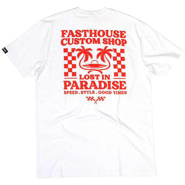 Clean studio shot of Fasthouse Getaway Tee; showing tee fit, printed graphics, and crew neckline; SKU 3211600204; Colors: Indigo, Black, White