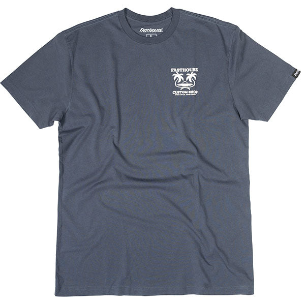 Crisp studio image on a white background of Fasthouse Getaway Tee; showing tee fit, printed graphics, and crew neckline; SKU 3211600204; Sizes: S-3XL