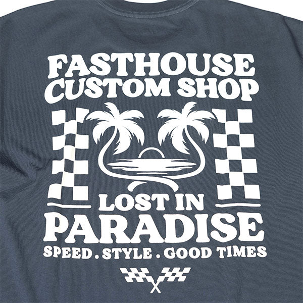 High-resolution studio image of Fasthouse Getaway Tee; showing tee fit, printed graphics, and crew neckline; SKU 3211600204; Colors: Indigo, Black, White