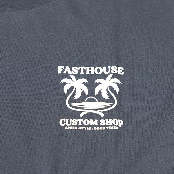 Studio photo on a white background of Fasthouse Getaway Tee; showing tee fit, printed graphics, and crew neckline; SKU 3211600204; Sizes: S-3XL