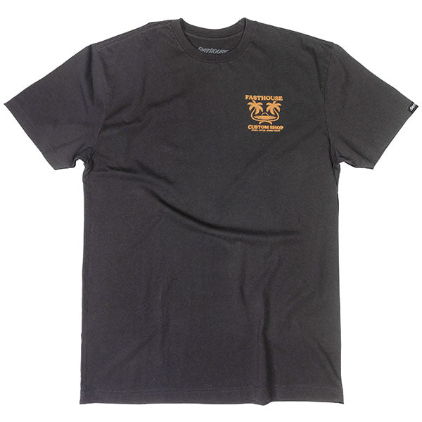 Crisp studio image on a white background of Fasthouse Getaway Tee; showing tee fit, printed graphics, and crew neckline; SKU 3211600204; Sizes: S-3XL
