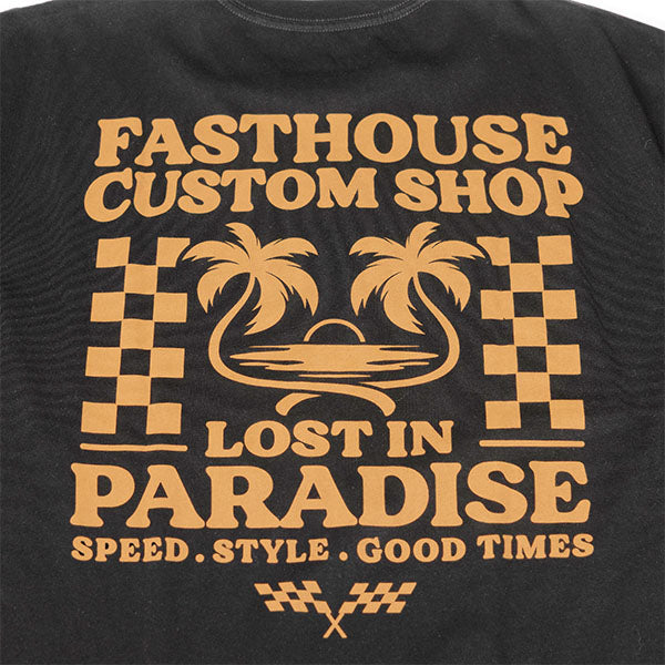 High-resolution studio image of Fasthouse Getaway Tee; showing tee fit, printed graphics, and crew neckline; SKU 3211600204; Colors: Indigo, Black, White