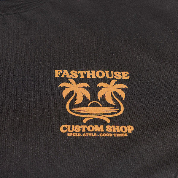 Studio photo on a white background of Fasthouse Getaway Tee; showing tee fit, printed graphics, and crew neckline; SKU 3211600204; Sizes: S-3XL