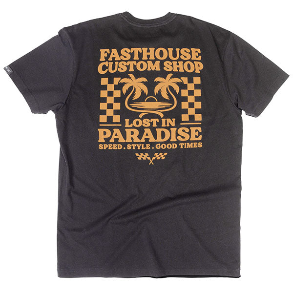 Professional studio photo of Fasthouse Getaway Tee; showing tee fit, printed graphics, and crew neckline; SKU 3211600204; Colors: Indigo, Black, White