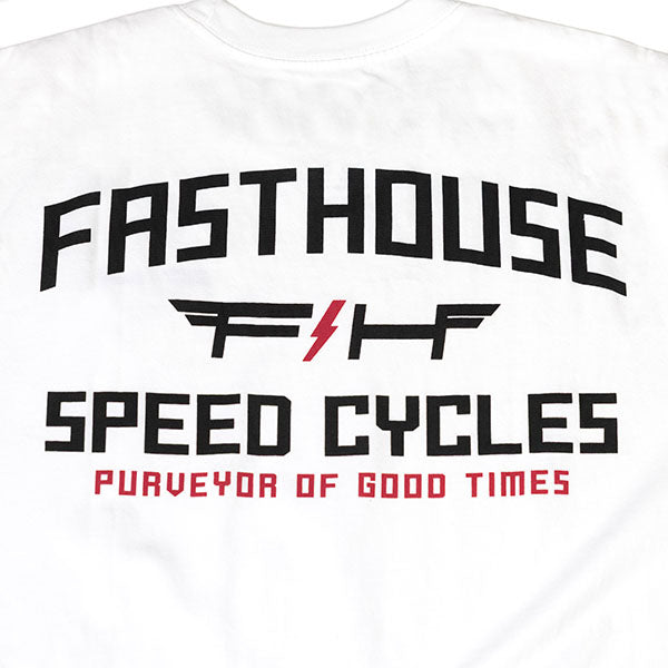 Studio photo on a white background of Fasthouse Elevate Tee; showing tee fit, printed graphics, and crew neckline; SKU 3211330104; Sizes: S-3XL
