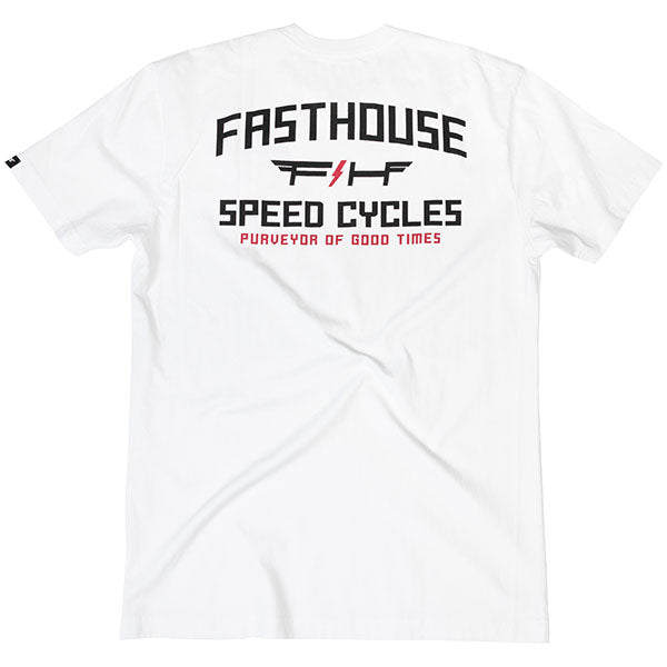 Crisp studio image on a white background of Fasthouse Elevate Tee; showing tee fit, printed graphics, and crew neckline; SKU 3211330104; Sizes: S-3XL