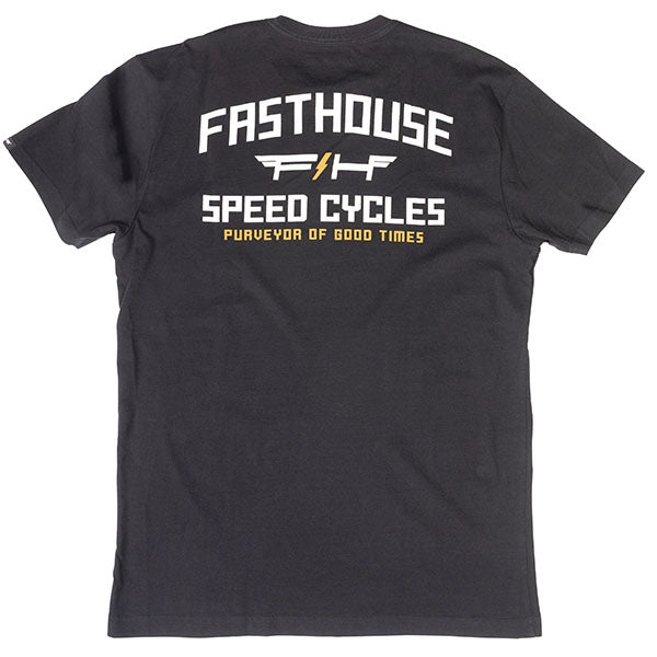 Crisp studio image on a white background of Fasthouse Elevate Tee; showing tee fit, printed graphics, and crew neckline; SKU 3211330104; Sizes: S-3XL
