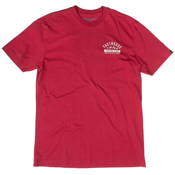 Clean studio shot of Fasthouse Acclaim Tee; showing tee fit, printed graphics, and crew neckline; SKU 3211410104; Colors: Cardinal, Black, Natural